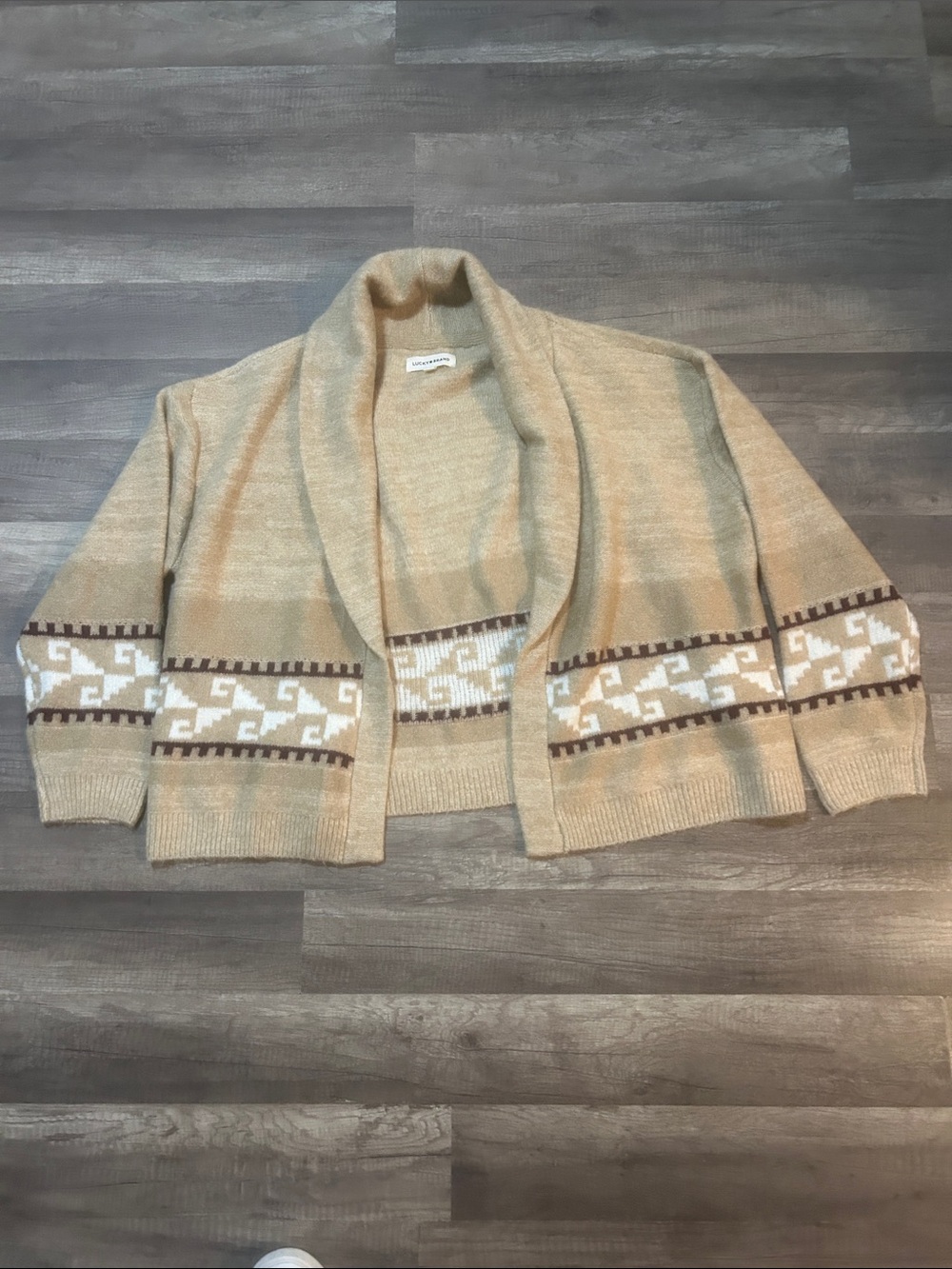 Lucky Brand Women’s Cardigan Tan Open-Front with White & Brown Trim Size XL